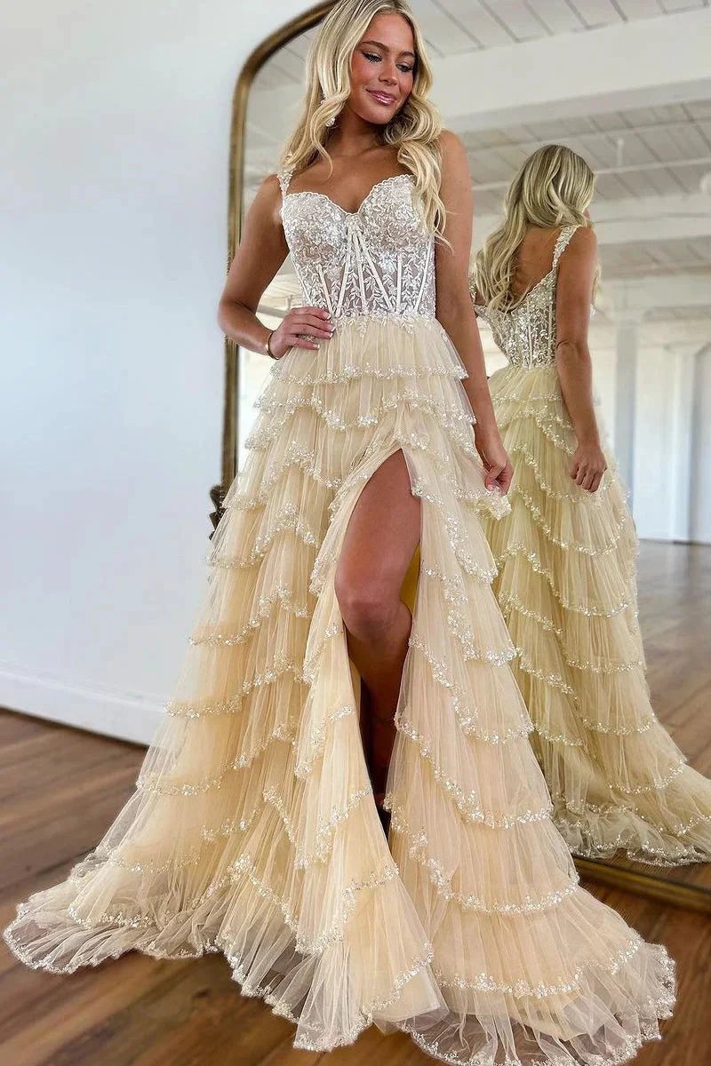 Scout | A-Line Sweetheart Champagne Tulle Prom Dresses with Appliques by KissProm