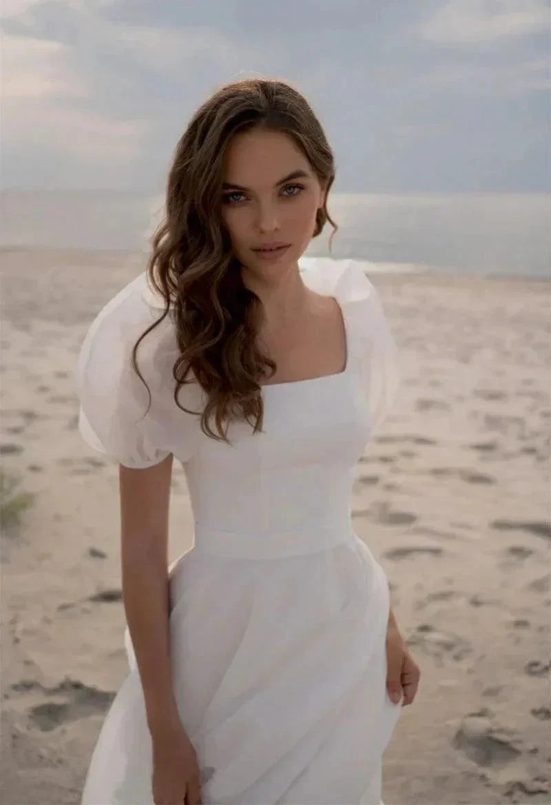 Wedding Dresses Charming A-Line Square Neck Short Sleeves with Train by Aabei Dress