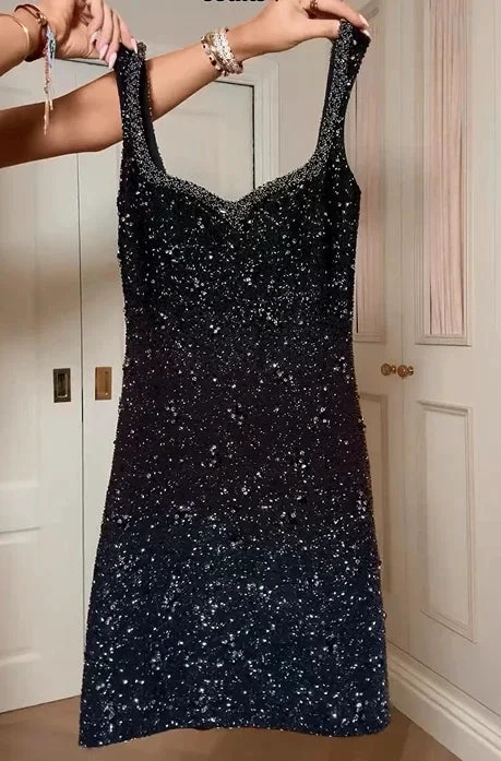 Black Sequins with Spaghetti Straps Short Prom Dress by BIZTUNNEL