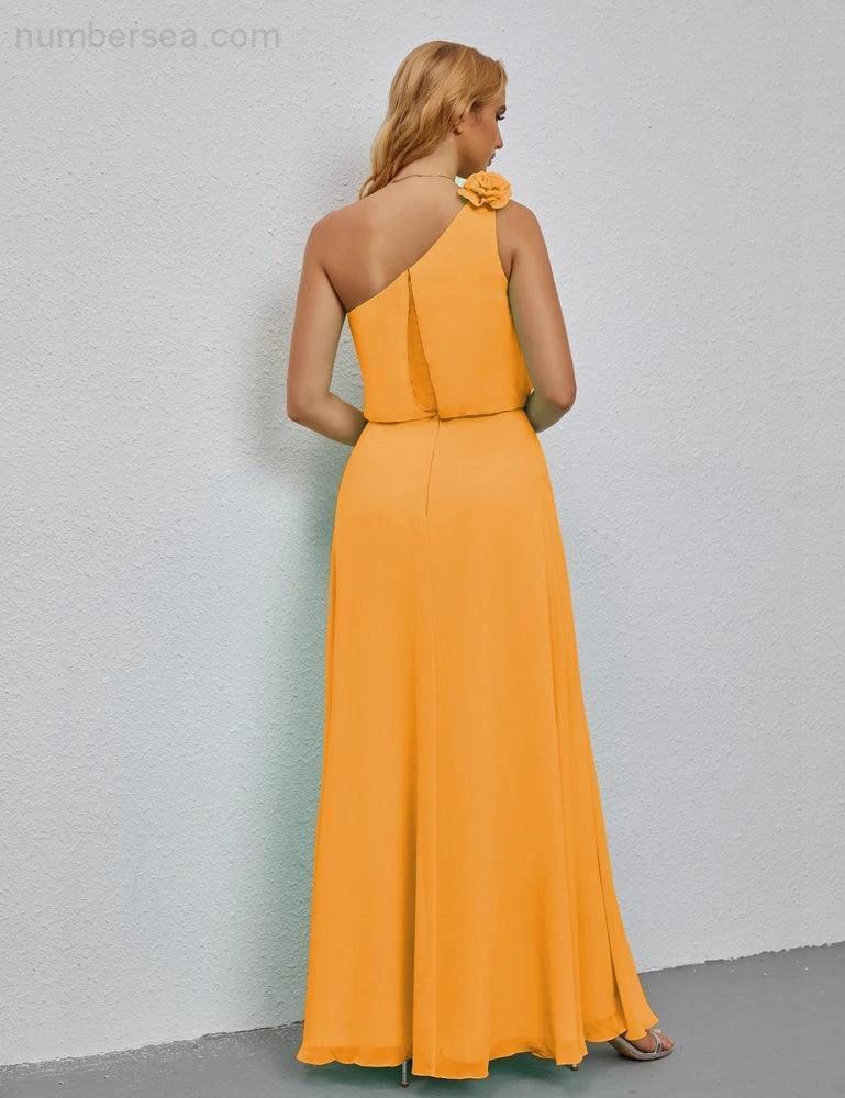 Ruffled One Shoulder Sleeveless Long Bridesmaid Dresses A-line Formal Evening Gown Side Split 28080 by numbersea