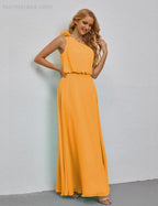 Ruffled One Shoulder Sleeveless Long Bridesmaid Dresses A-line Formal Evening Gown Side Split 28080 by numbersea