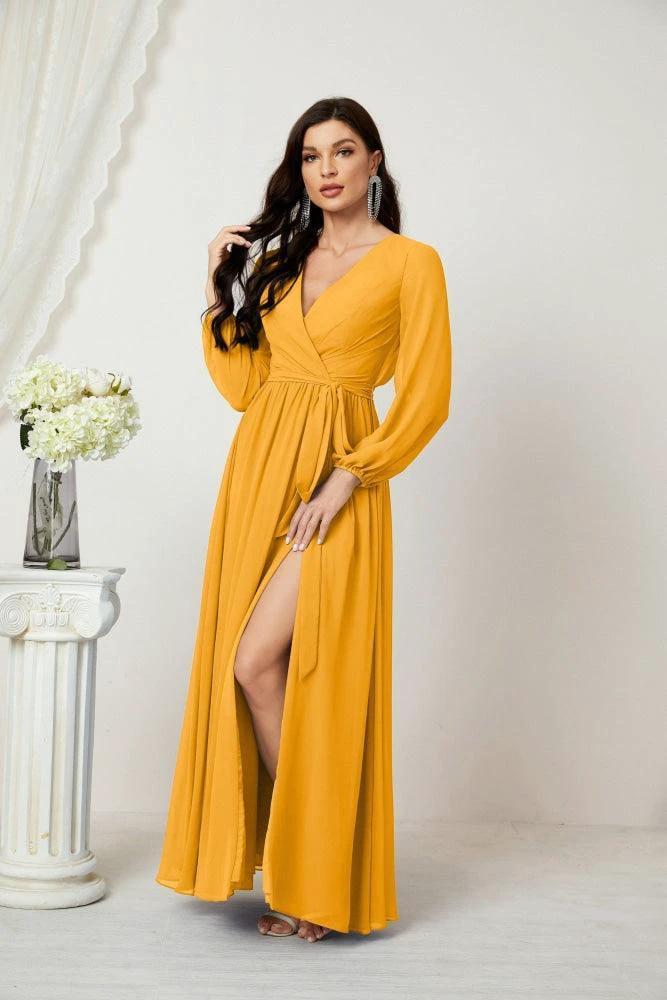 Sunnderly Evening Dresses Deep V-Neck Chiffon Bridesmaid Dresses Long Bishop Sleeve Side Split Formal Dress SY2806 by numbersea