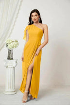 Numbersea Chiffon Ruffled One Shoulder Long Bridesmaid Dresses A-line Formal Evening Gown Side Split 2809 by numbersea