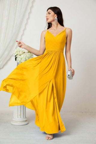 Numbersea Chiffon V-Neck Bridesmaid Dress Spaghetti Strap Long Formal Party Prom Gowns with Slit 28010