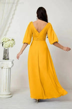 Numbersea Formal Prom Gown Women V-Neck Chiffon Bridesmaid Dresses Long Bishop Sleeve Party Dress 2807 by numbersea