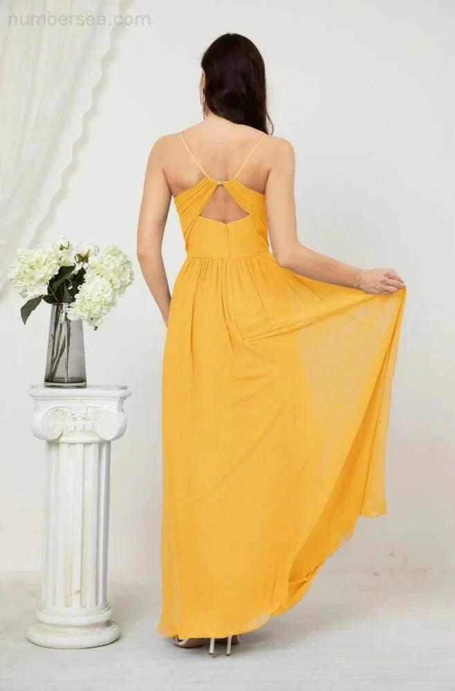 Numbersea Neck Bridesmaid Dresses Chiffon Long Spaghetti A-line Formal Prom Gown for Wedding Party Evening 2801 by numbersea