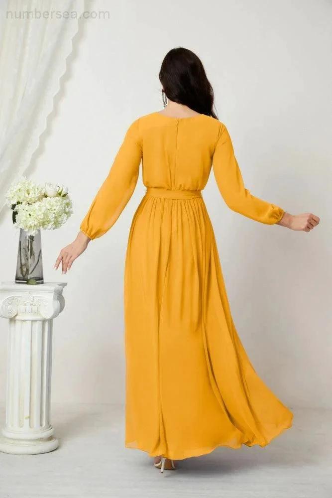 Sunnderly Evening Dresses Deep V-Neck Chiffon Bridesmaid Dresses Long Bishop Sleeve Side Split Formal Dress SY2806 by numbersea