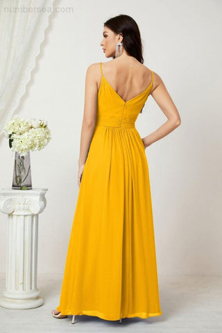 Numbersea Chiffon V-Neck Bridesmaid Dress Spaghetti Strap Long Formal Party Prom Gowns with Slit 28010
