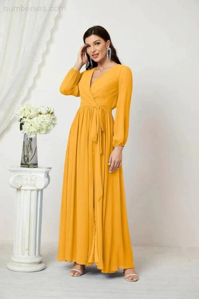 Sunnderly Evening Dresses Deep V-Neck Chiffon Bridesmaid Dresses Long Bishop Sleeve Side Split Formal Dress SY2806 by numbersea