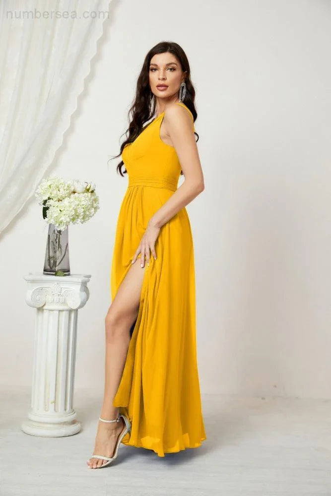 Robe de demoiselle d'honneur en mousseline Numbersea à col en V, bretelles fines, longue robe de soirée formelle avec fente 28010