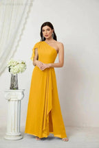 Numbersea Chiffon Ruffled One Shoulder Long Bridesmaid Dresses A-line Formal Evening Gown Side Split 2809 by numbersea