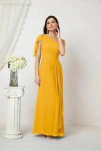 Numbersea Chiffon Ruffled One Shoulder Long Bridesmaid Dresses A-line Formal Evening Gown Side Split 2809 by numbersea