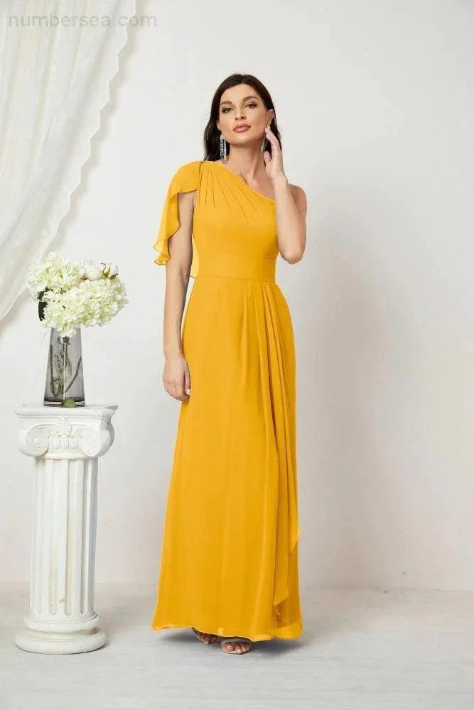 Numbersea Chiffon Ruffled One Shoulder Long Bridesmaid Dresses A-line Formal Evening Gown Side Split 2809 by numbersea