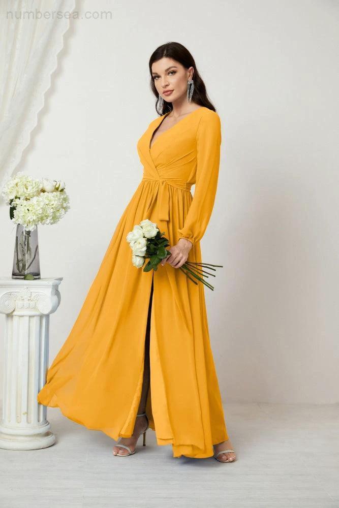 Sunnderly Evening Dresses Deep V-Neck Chiffon Bridesmaid Dresses Long Bishop Sleeve Side Split Formal Dress SY2806 by numbersea