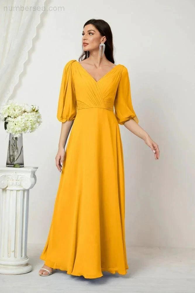 Numbersea Formal Prom Gown Women V-Neck Chiffon Bridesmaid Dresses Long Bishop Sleeve Party Dress 2807 by numbersea