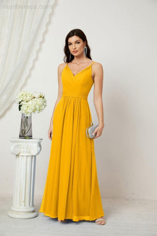 Numbersea Chiffon V-Neck Bridesmaid Dress Spaghetti Strap Long Formal Party Prom Gowns with Slit 28010