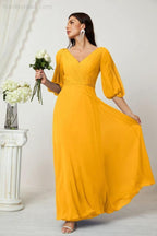 Numbersea Formal Prom Gown Women V-Neck Chiffon Bridesmaid Dresses Long Bishop Sleeve Party Dress 2807 by numbersea