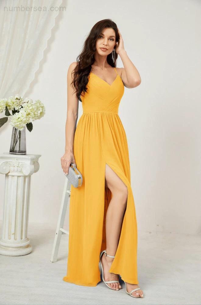 Numbersea Neck Bridesmaid Dresses Chiffon Long Spaghetti A-line Formal Prom Gown for Wedding Party Evening 2801 by numbersea
