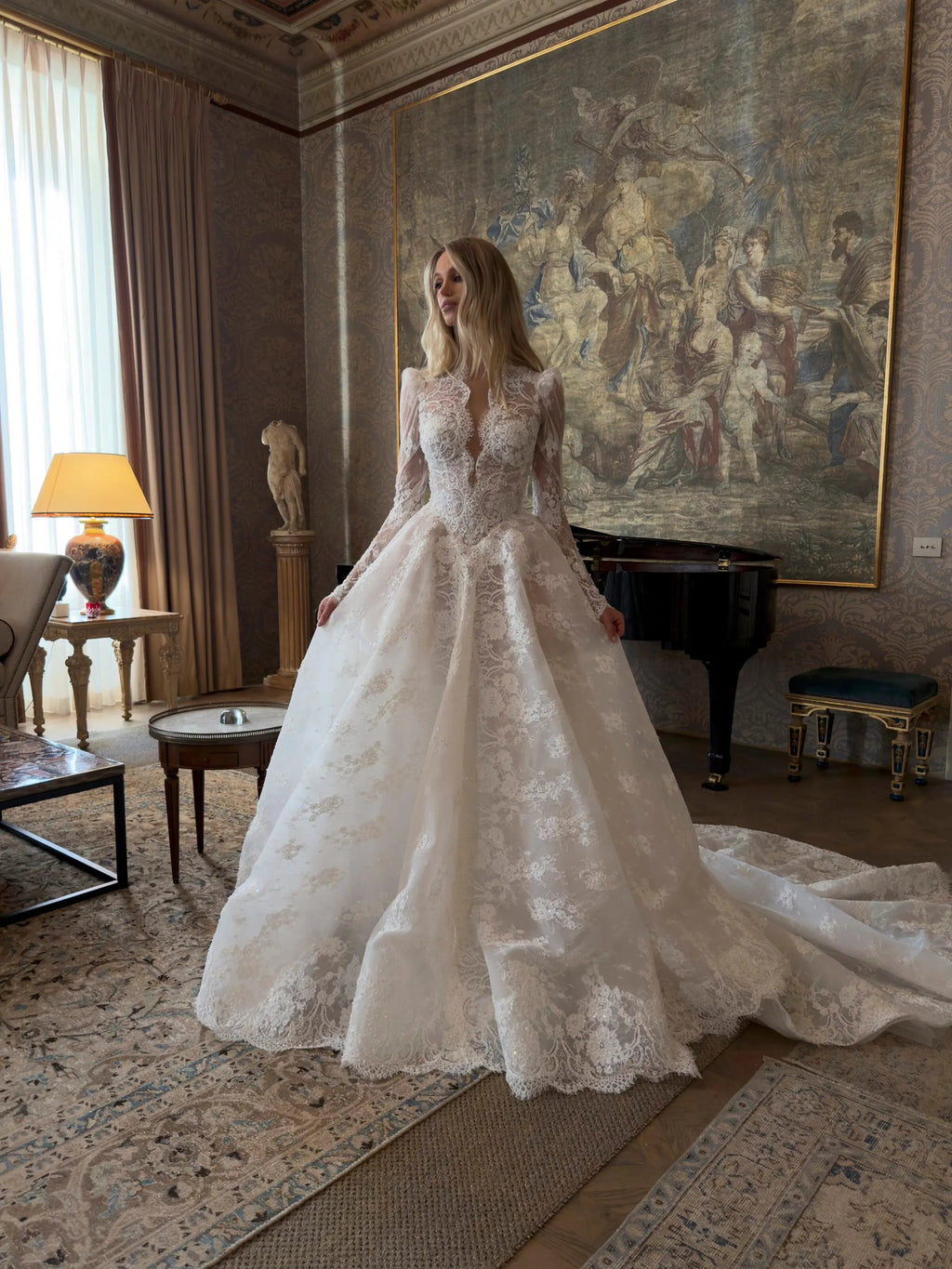Luxury White High Neck Sequin Long Sleeve Lace A-Line Wedding Dress SW211