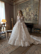 Luxury White High Neck Sequin Long Sleeve Lace A-Line Wedding Dress SW211