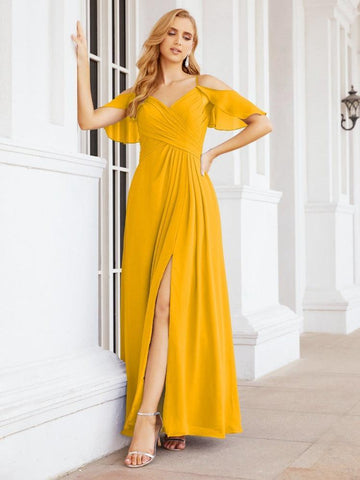 Numbersea Cold Shoulder Long Bridesmaid Dresses Side Slit Formal Prom Gowns Party Wedding 28070