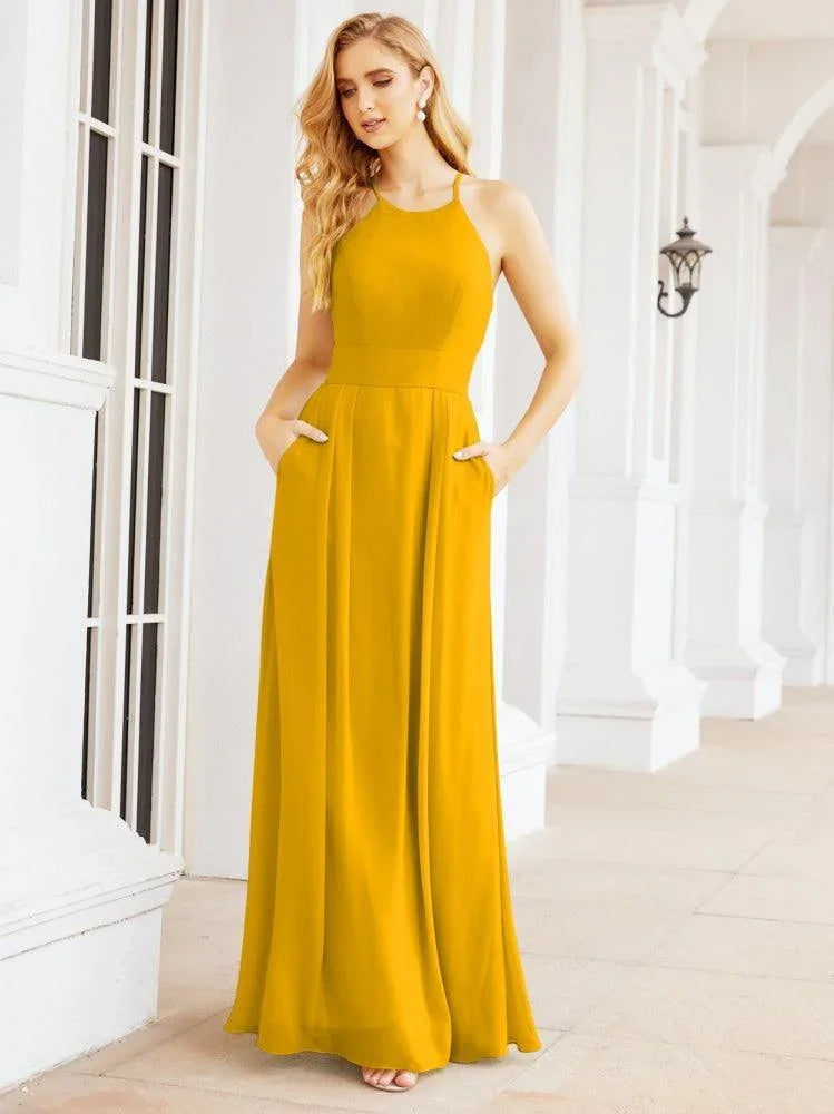 Robes de demoiselle d'honneur Numbersea à col licou avec poches, sans manches, robes de soirée formelles pour fête et bal 28055