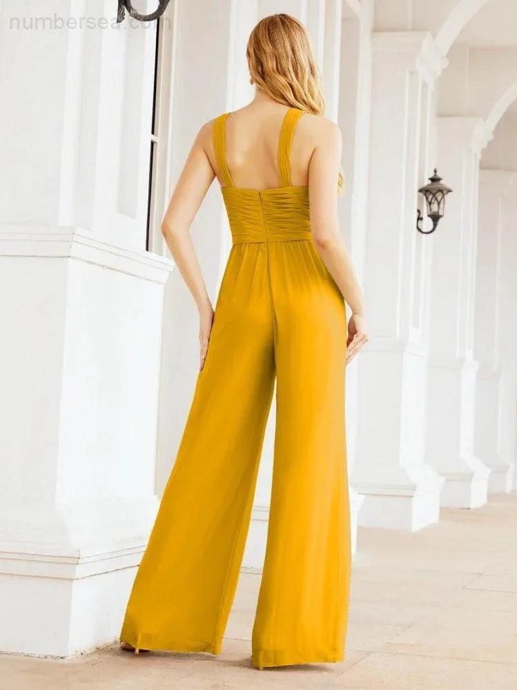 Numbersea Crisscross Neck Jumpsuit Formal Evening Dress Long Bridesmaid Dresses Bell-bottomed Pants 28033 by numbersea