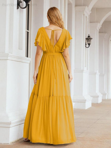 Numbersea Women's Open Back Formal Evening Party Prom Gowns V-Neck Long Chiffon Bridesmaid Dresses with Waist Belt 28038