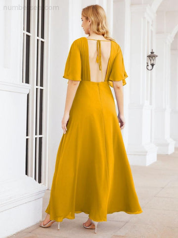 Numbersea V-Neck Bridesmaid Dress Chiffon Long Open Back Formal Dresses for Women Party Evening 28067