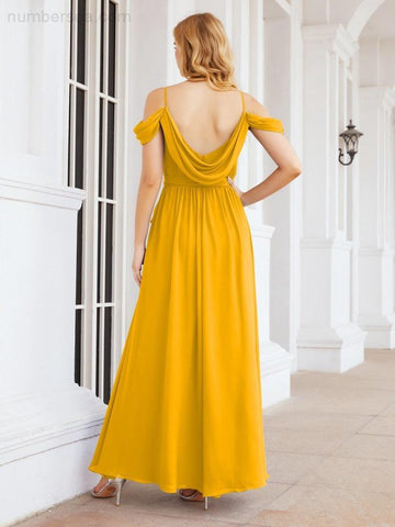 Numbersea Off The Shoulder Chiffon Bridesmaid Dress Long Formal Graduation Gown with Cowl Back 28069