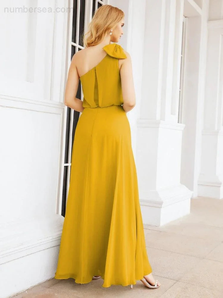 Numbersea Robe longue de mariée en mousseline à volants, une épaule, sans manches, coupe en A, robe de soirée formelle avec fente latérale 28057