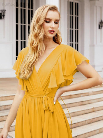 Numbersea Women's Open Back Formal Evening Party Prom Gowns V-Neck Long Chiffon Bridesmaid Dresses with Waist Belt 28038