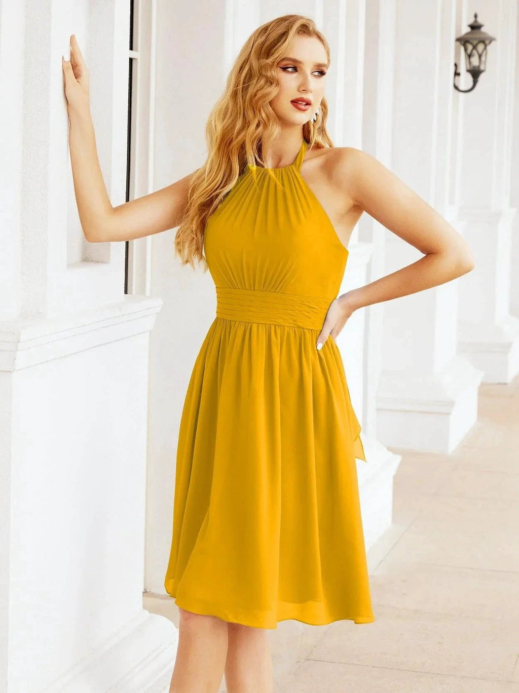 Numbersea Halter Chiffon Bridesmaid Dresses Short Sleeveless Formal Party Dress Open Back 28023 by numbersea