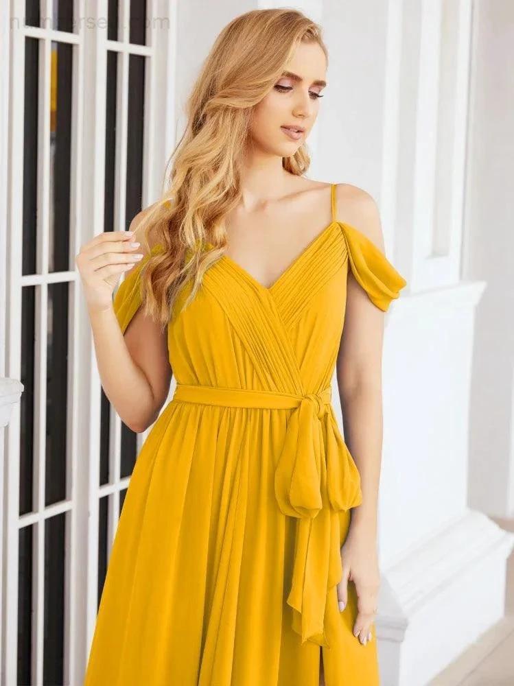Numbersea Off The Shoulder Chiffon Bridesmaid Dress Long Formal Graduation Gown with Cowl Back 28069 by numbersea