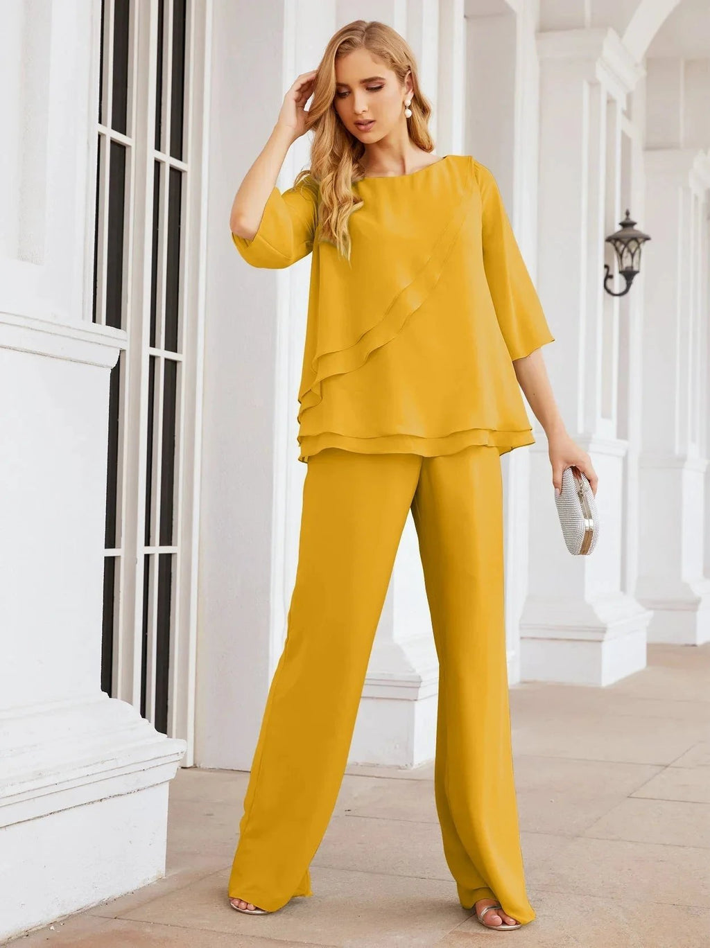 Sunnderly Elegant 2 Piece Mother of The Bride Dress Plus Size Pant Suits Ruffle Layers Sliver Housecoat SY28064 by numbersea