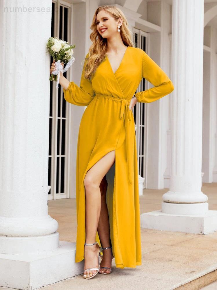 Sunnderly Women's Chiffon Bridesmaid Dress A line Long Sleeves Formal Evening Prom Gown for Wedding Guest SY28032 by numbersea