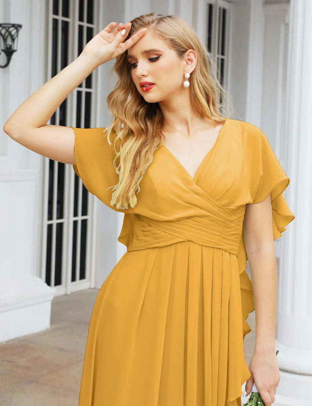 Numbersea Chiffon Bridesmaid Dresses Long Formal Evening Prom Mother of The Bride Dress with Flutter Sleeve     SEA28040