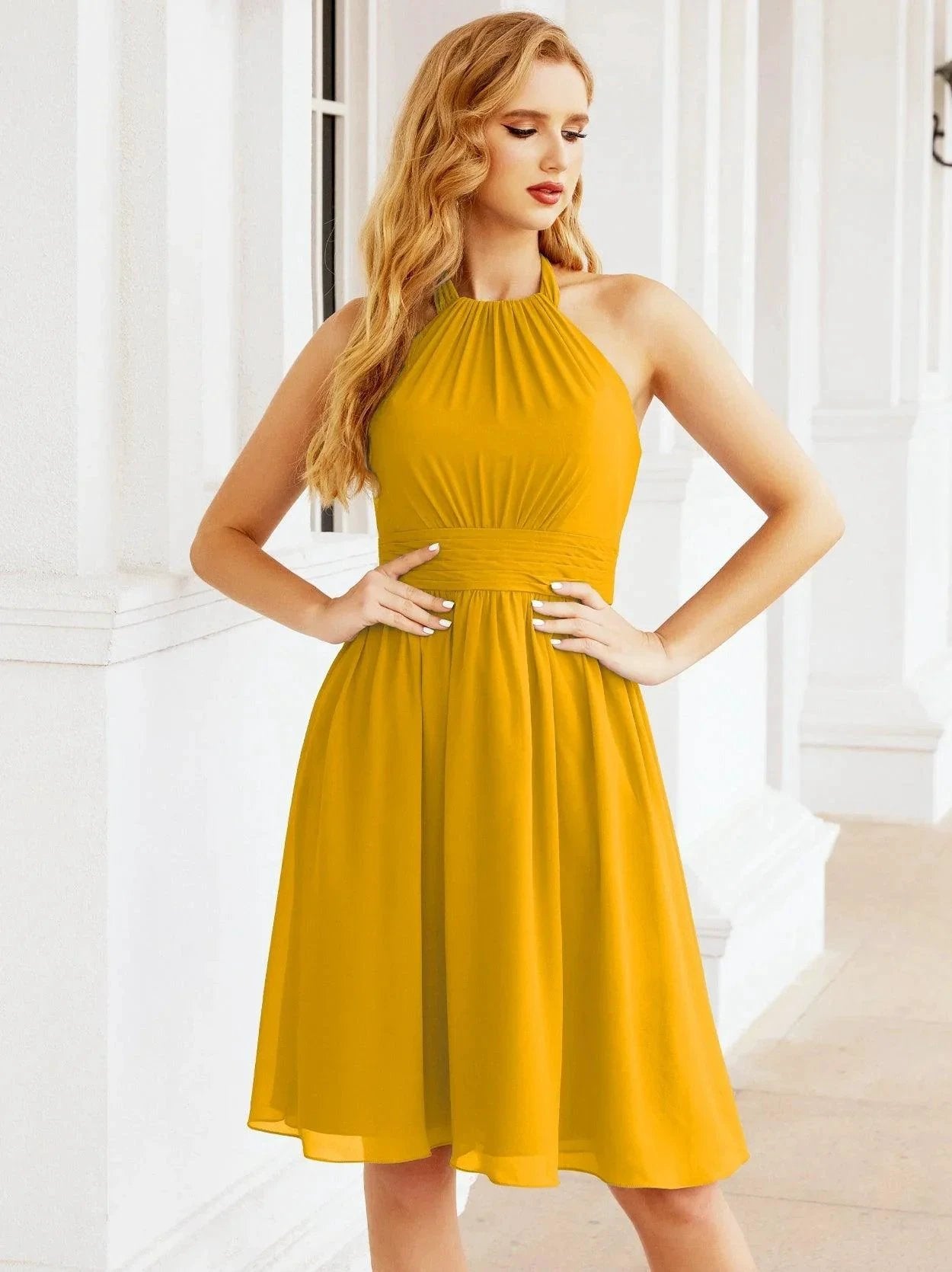 Numbersea Halter Chiffon Bridesmaid Dresses Short Sleeveless Formal Party Dress Open Back 28023 by numbersea