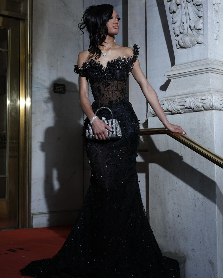 Luxury Black Sequin Mermaid Prom Dress – Illusion Corset Bodice with 3D Beaded Lace &amp; Off-the-Shoulder Detail | 2026 Gothic Glamour Evening Collection