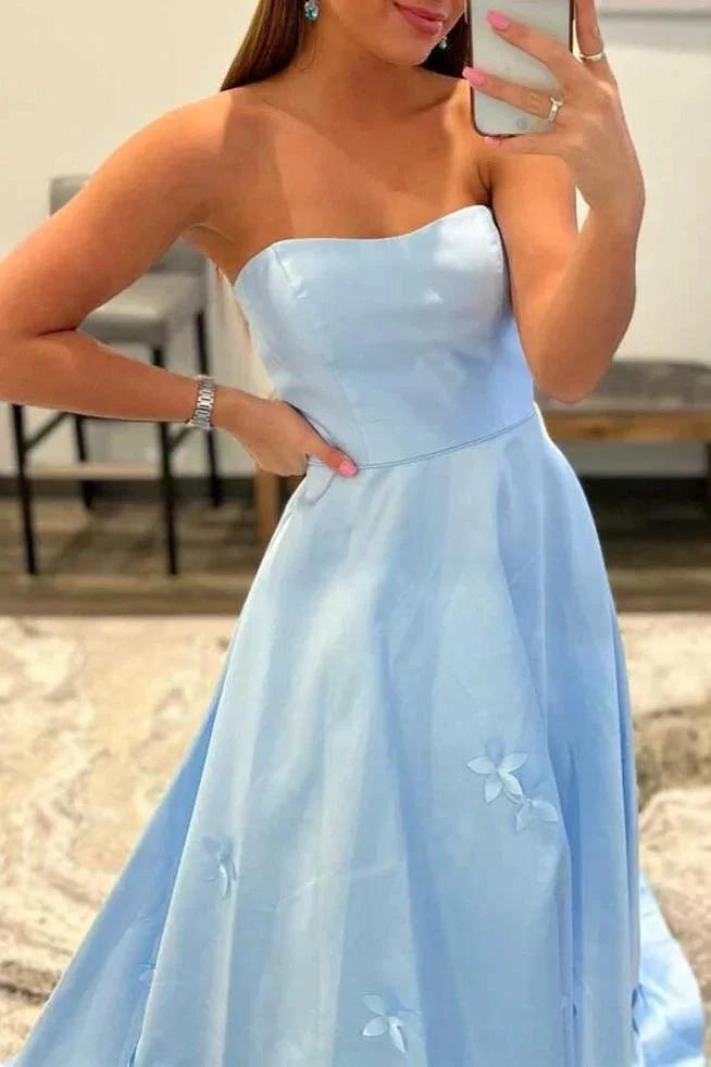 3D Flower Light Blue Strapless A-Line Prom Dress by KissProm