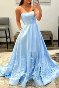 3D Flower Light Blue Strapless A-Line Prom Dress by KissProm