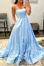 3D Flower Light Blue Strapless A-Line Prom Dress by KissProm