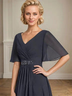 A-line V-Neck Ankle-Length Chiffon Mother of the Bride Dress With Pleated Beading Sequins by Dreamylily