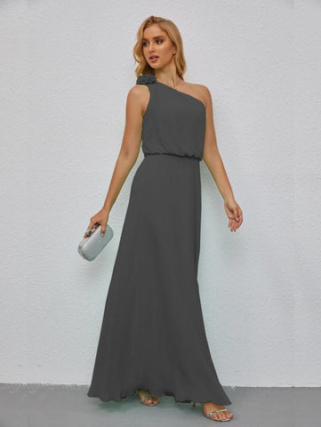 Ruffled One Shoulder Sleeveless Long Bridesmaid Dresses A-line Formal Evening Gown Side Split 28080