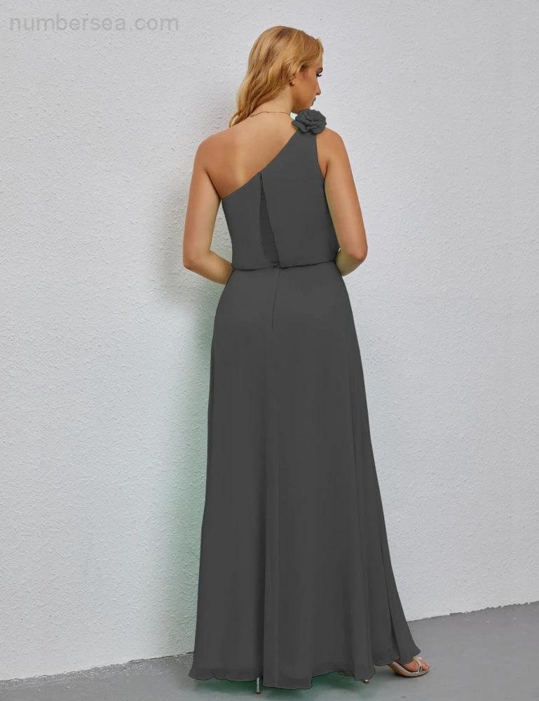 Ruffled One Shoulder Sleeveless Long Bridesmaid Dresses A-line Formal Evening Gown Side Split 28080 by numbersea