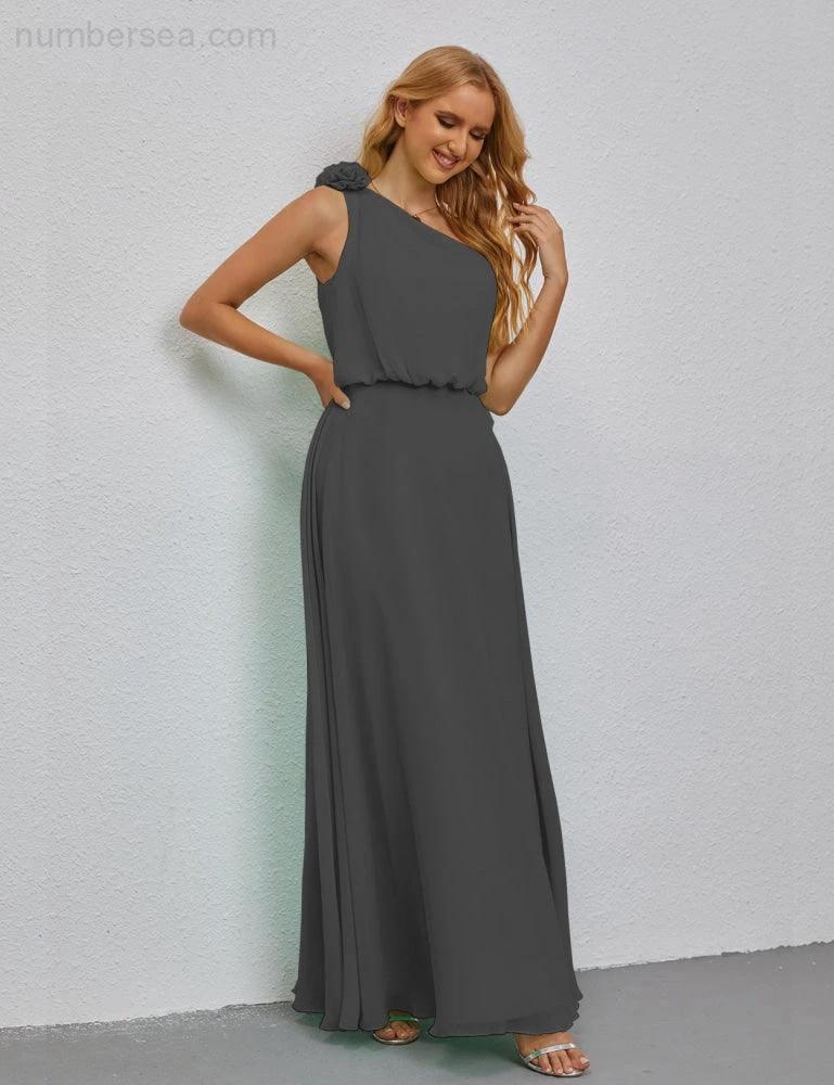 Ruffled One Shoulder Sleeveless Long Bridesmaid Dresses A-line Formal Evening Gown Side Split 28080 by numbersea
