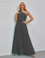 Ruffled One Shoulder Sleeveless Long Bridesmaid Dresses A-line Formal Evening Gown Side Split 28080 by numbersea