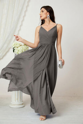 Numbersea Chiffon V-Neck Bridesmaid Dress Spaghetti Strap Long Formal Party Prom Gowns with Slit 28010