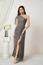 Numbersea Chiffon Ruffled One Shoulder Long Bridesmaid Dresses A-line Formal Evening Gown Side Split 2809 by numbersea