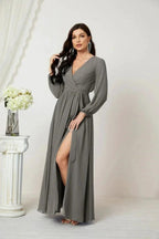 Sunnderly Evening Dresses Deep V-Neck Chiffon Bridesmaid Dresses Long Bishop Sleeve Side Split Formal Dress SY2806 by numbersea